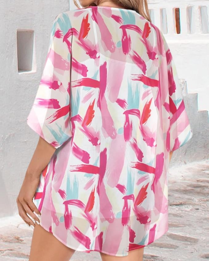 Women Kimono Cardigans Summer Cover Up Hawaiian Shirts Floral Print Tops | ROSEMIA chiffon kimono open front cardigans, beach cover ups, daily casual tops, cruise outfits, summer resort wear