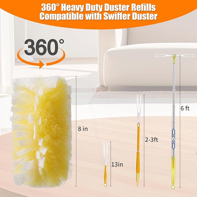 40 Count 360° Heavy Duty 2 Sided Duster Refills Compatible with Swiffer, Large Size-Extra Thick Disposable Electrostatic Feather Duster Refill with 1 Short Handle for Furniture, Blinds, Ceiling