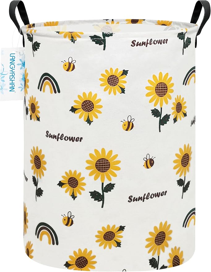 Round Laundry Basket Collapsible Storage Hamper Organizer Sunflower | Waterproof Canvas Foldable Baskets with sturdy Handles Multi-scene Organizer for Home Play Bedroom Gift Bin