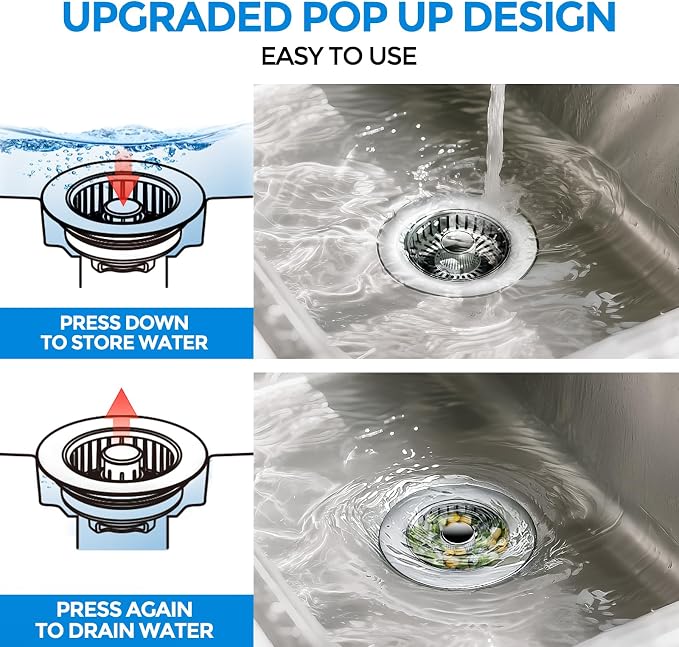 Upgraded 3 in 1 Kitchen Sink Drain Strainer & Sink Stopper, Stainless Steel Kitchen Drain Plug & Sink Installation Parts with Anti-Clogging Basket, Fit US Standard 3-1/2'' Sink Drain Hole