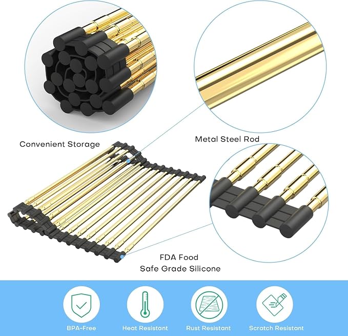 Expandable Roll Up Dish Drying Rack, Adjustable Large Over The Sink Rack Draining Rack (Max Extends to 21.26”) for Stainless Steel Sink Rack, Collapsible Rolling Up Rack 18 Tube for Kitchen, Gold
