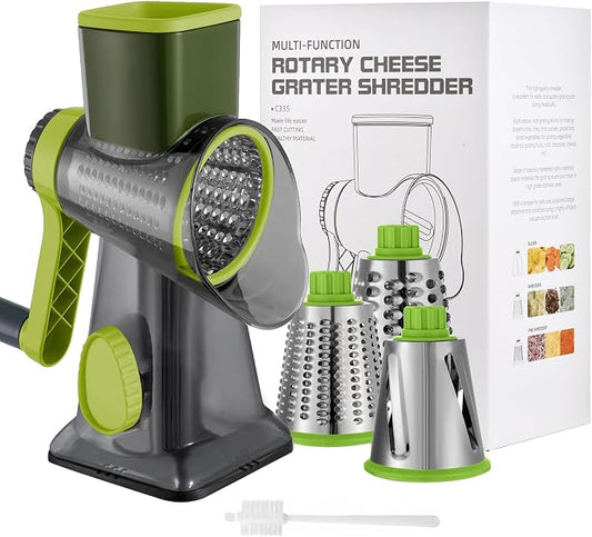 Cheese Grater Hand Crank Rotary Vegetables Shredder with Handle | 3-in-1 Graters, Interchangeable Blades, Non-slip Base, Multifunctional Slicer