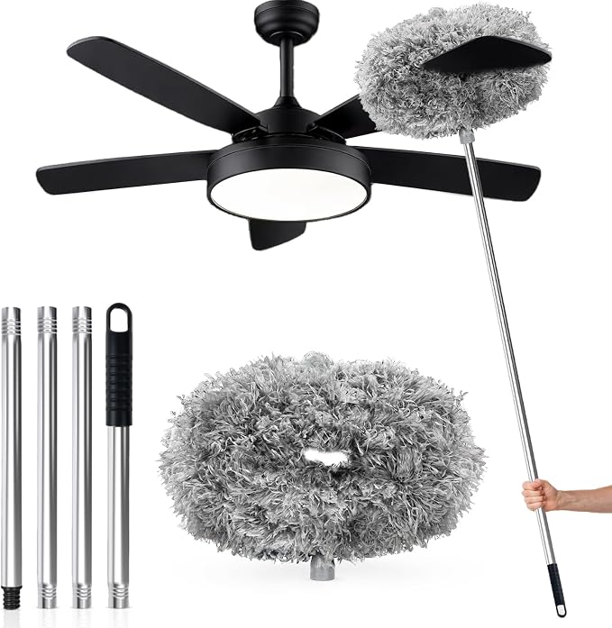 Ceiling Fan Cleaner Duster with Extension Pole, 12 to 51 Inch Duster Length, Reusable Microfiber Dusters for Cleaning Fan Blades, Cobwebs, Walls, Windows & High Ceilings, Removable, Blue