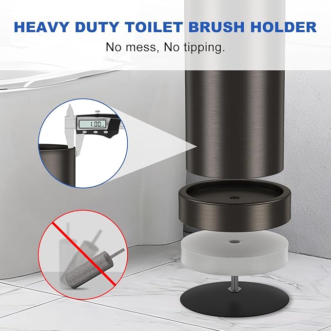 Brushed Nickel Toilet Brush and Holder Set, 304 Stainless Steel Toilet Brush for Bathroom, Heavy Duty Toilet Bowl Brush with Holder, Removable Inner Bowl and Splash Protection, Long Handle