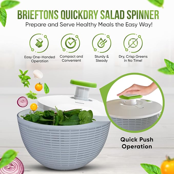 Brieftons Large 6.2-Quart Collapsible Salad Spinner: Manual One-Handed Pump Vegetable Washer Dryer Drainer Strainer, BPA-Free Bowl, Basket Colander & Lid, Compact Storage, for Greens Herbs Fruits