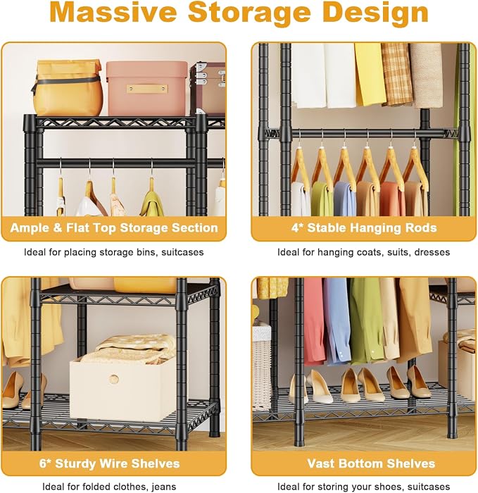 ULIFHOME Clothes Rack, Heavy Duty Garment Rack, Extra Large Portable Closet | H50 Clothing Racks for Hanging Clothes, Freestanding Wardrobe Closet 89.8'' W x 15.8" D x 76.2" H, Max Load 1400 Lbs, Black