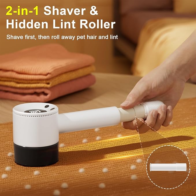 Heapsion Fabric Shaver Lint Remover, 10700 RPM Sweater Shaver with 6-Blade Head, Hidden Lint Roller, 3-Speed Fuzz Remover, LED Display, Type-C Rechargeable for Clothes & Furniture