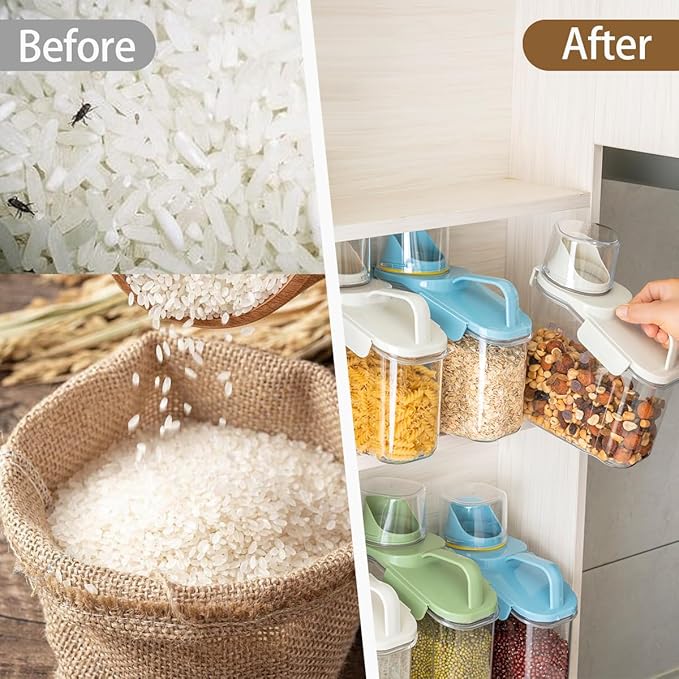 LANGMINGDE 3 Pieces Cereal Containers Storage, 51fl.oz/1.5L Compact Crystal Clear Dry Food Storage Containers with Pouring Spout Measuring Cup for Rice Nuts Beans Pet Food Snacks Candies, 3PCS