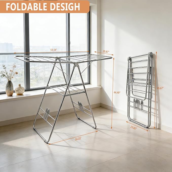 Clothes Drying Rack Foldable -Height Adjustable Laundry Drying Rack Large Space, Winged Laundry Rack with Sock Clips for Hanging Towels Clothes Dress Bedding Indoor Outdoor, Gray