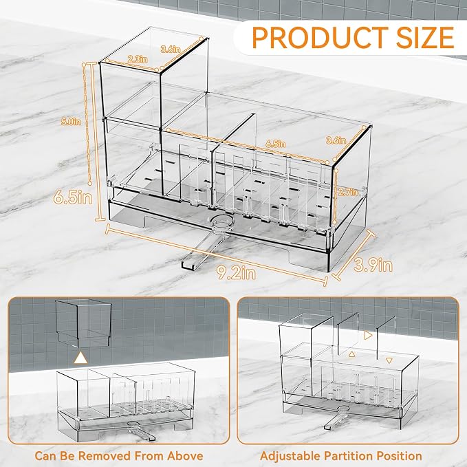 Yieach Clear Kitchen Sponge Holder for Sink,Acrylic Sponge Caddy for Kitchen Sink with Brush Holder,Rustproof Kitchen Sink Organizer for Sponge, Soap Dispenser Storage Accessories and Self Drain Tray