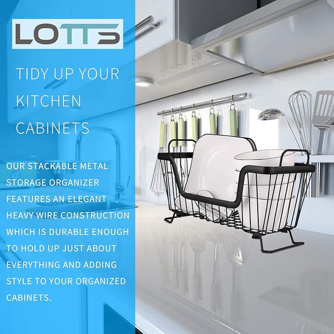 LOTTS Stackable wire basket for pantry, Metal Pantry basket, Storage Organizer Bin with Handles, Fruit basket for Kitchen Cabinets, Pantry, Closets, Bedrooms, Bathrooms (12.6×6.5×7.6")- 2 Pack