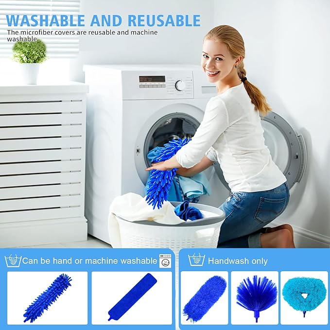 Duster with Extension Pole - Royal Blue | 6-in-1 Kit Dusters for Cleaning, Extendable Duster with 100 Inches, Microfiber Dusters for Ceiling Fans, Furniture, Blinds