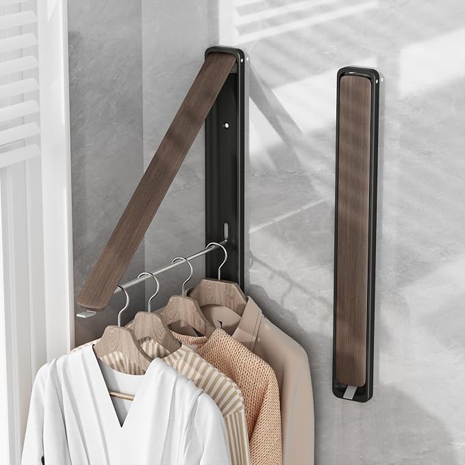 Folding Clothes Hanger Rack Wall mounted for Laundry Clothes Drying Rack | Foldable Hanger Rack Laundry Hanger Dryer Rack, Easy to Install, Closet Storage Organization, Space Saving Aluminium, Walnut