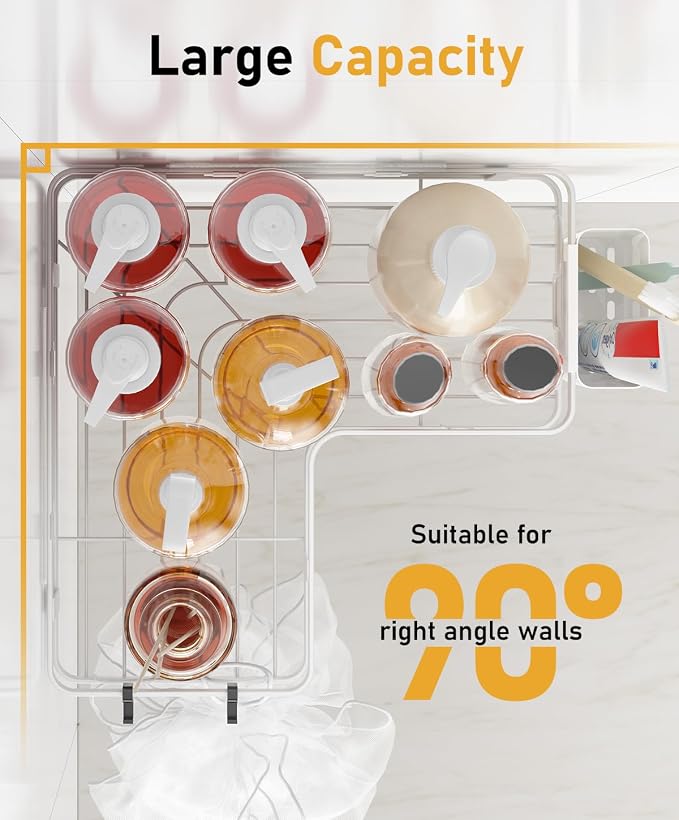 3 Pack Corner Shower Shelves, Rustproof Shower Organizer Caddy | No Drilling Shower Organizer Corner Exclusively for 90 Degree Right-Angle Walls with Hooks and Toothpaste Holder, White