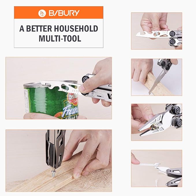 BIBURY 18-in-1 Multitool Pliers with Titanium-Plated Handle & Safety Hammer | Safety Locking, Nylon Sheath, Pocket Knife, Ideal for Outdoor, Survival, Camping, Hiking, Home Repair, Gift for Men