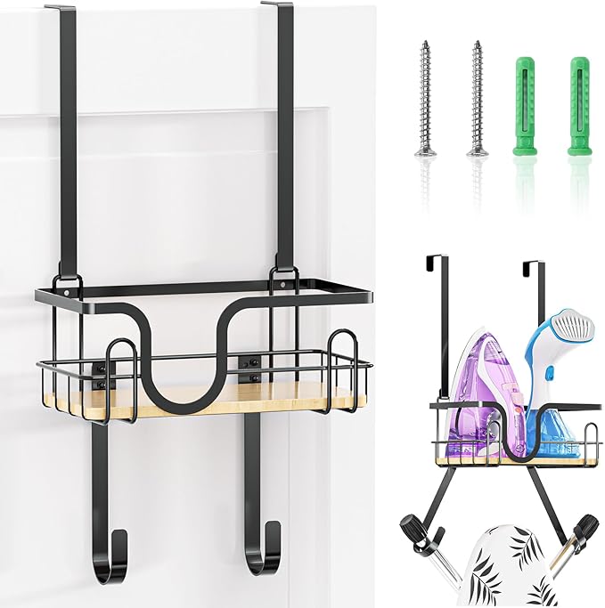 Ironing Board Holder Wall Mount, Ironing Board Hanger, Over The Door Iron Boards Holder for Laundry Room Organization, Iron and Ironing Boards Caddy, Black Irons Hanger with Storage Basket(T&V Shaped)