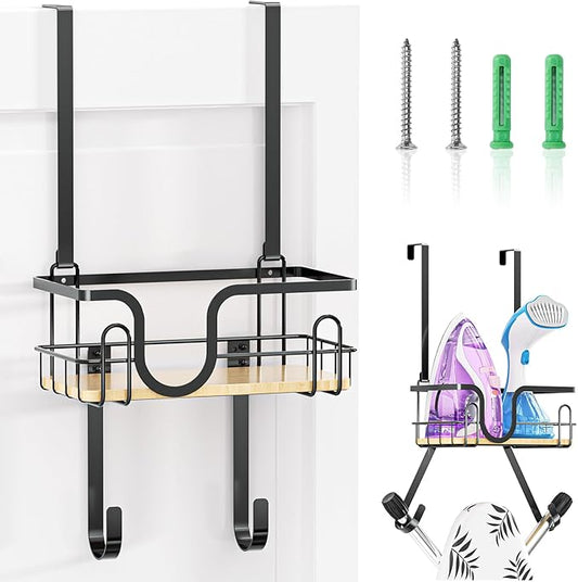 Ironing Board Holder Wall Mount, Ironing Board Hanger, Over The Door Iron Boards Holder for Laundry Room Organization, Iron and Ironing Boards Caddy, Black Irons Hanger with Storage Basket(T&V Shaped)