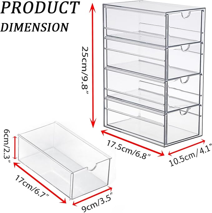 Hipiwe Plastic Drawer Organizer Clear Storage Box with 4 Pull Out Drawer | Hair Accessories Organizer Box Compact Desktop Holder for Cabinet Vanity Bathroom Pantry Office or Closet Organization