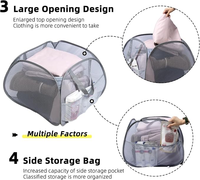 Collapsible Laundry Basket, 90L Mesh Pop-up Hamper with Handles | Foldable Storage Clothes Bag for Laundry, Bathroom, Dorm, Travel, Camping, Space-saving, Gray