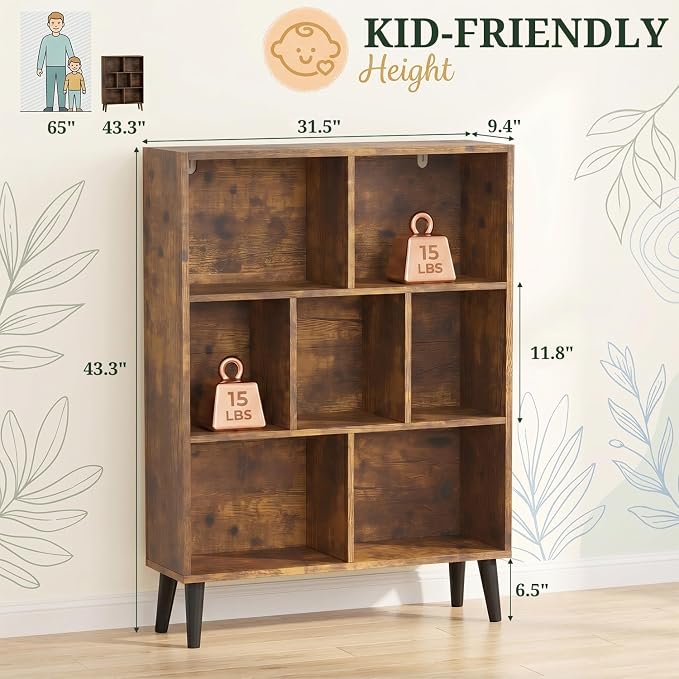 7 Cube Storage Organizer Shelf，Open Cube Bookshelf with Legs | 3 Tier, Mid-Century, Heavy Duty, Modern Bookcase, Display Shelf, Living Room, Bedroom, Office, Deep Brown