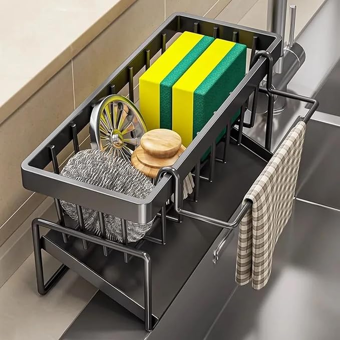 Sponge Holder for Kitchen Sink, Sink Caddy with Dishcloth Rack, Kitchen Sink Storage Rack Organizer Countertop Rustproof, Soap Dispenser Organizers and Storage Essentials