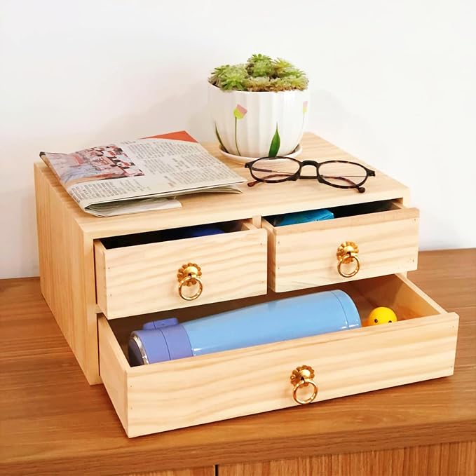 2 Layer Desk Organizer Natural Wooden Storage Box Counter Drawer | Office Desk Organizer Wood Desktop Organizer with Metal Handle 3 Drawer for Desk Accessories Home Office Counter Craft Decor