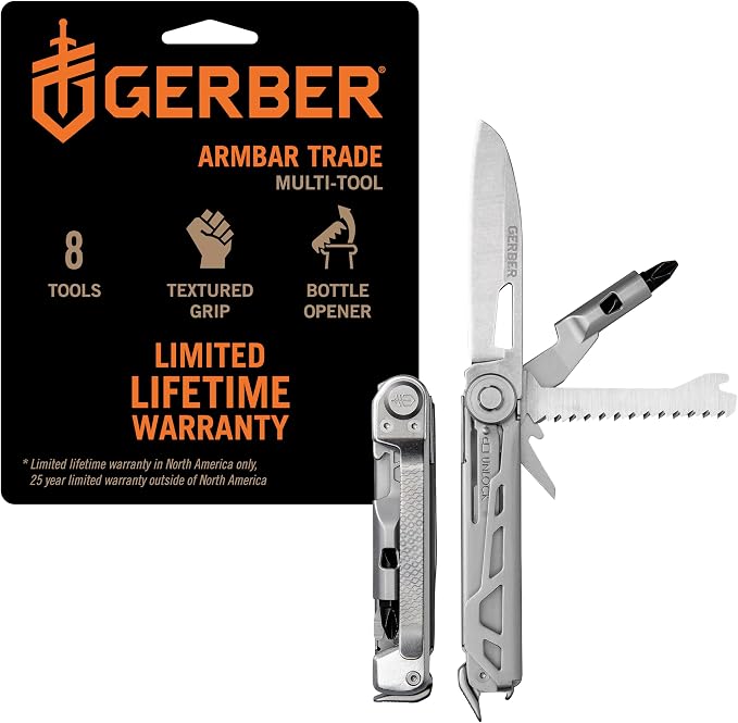 Gerber Armbar Trade EDC Pocket Knife Multitool with Bottle Opener, Silver | Compact EDC multitool, includes blade, pry bar, hammer, 2.5" plain edge blade, 8-in-1 pocket tool, lightweight