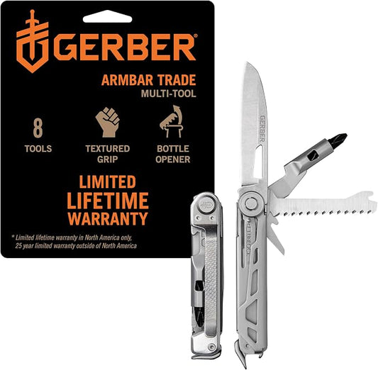 Gerber Armbar Trade EDC Pocket Knife Multitool with Bottle Opener, Silver | Compact EDC multitool, includes blade, pry bar, hammer, 2.5" plain edge blade, 8-in-1 pocket tool, lightweight