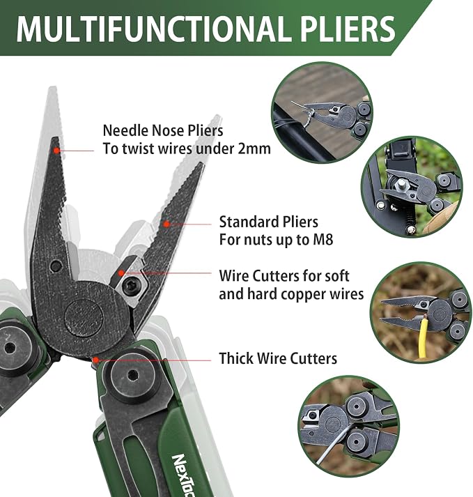 NexTool Flagship Pro Multitool Pliers with Full-size Scissors (Green) | 16-in-1 Multi-tool, Safety Locking, Replaceable YG8 wire cutters, Tool for Camping, Survival, Fishing, Repair, Gifts for Men