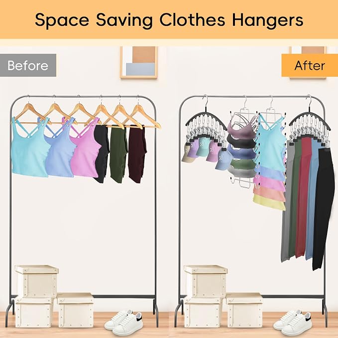 TomCare 4 Pack Space Saving Hangers, 2 Tank Top and 2 Leggings Organizers | 360° Swivel Design, 20 Clips for Leggings and Yoga Pants, Stainless Steel Hanging Closet Organizer