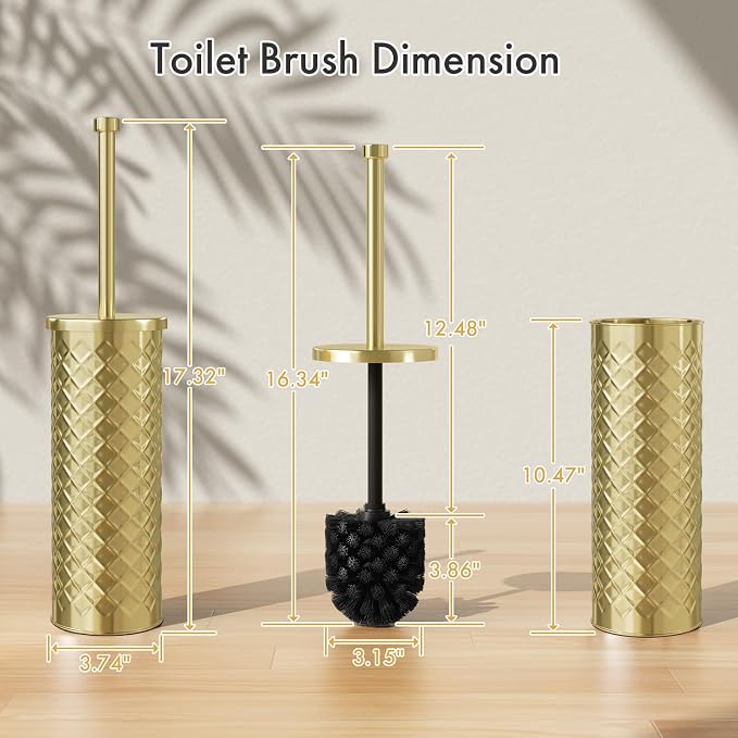 Toilet Bowl Brush and Holder Set 3 Pack with 6 Extra Brush Heads | Extra Long Handle with Splash Guard Cover, Tool-Free Installation, Bathroom Space-Saving, Cleaner Sets for Apartments, RV (Gold)