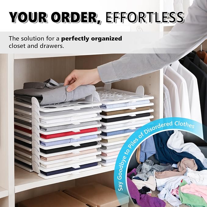 10Pcs Stackable Closet Organizer & Shirt Folding Board Bundle | Space-Savin Closet Organizers and Storage , Foldable ,Ideal for Tshirts ,Sweater ,Pants Storage in Bedroom and Dormroom Black