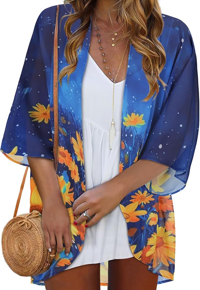 Women Kimono Cardigans Summer Cover Up Hawaiian Shirts Floral Print Tops | ROSEMIA chiffon kimono open front cardigans, beach cover ups, daily casual tops, cruise outfits, summer resort wear