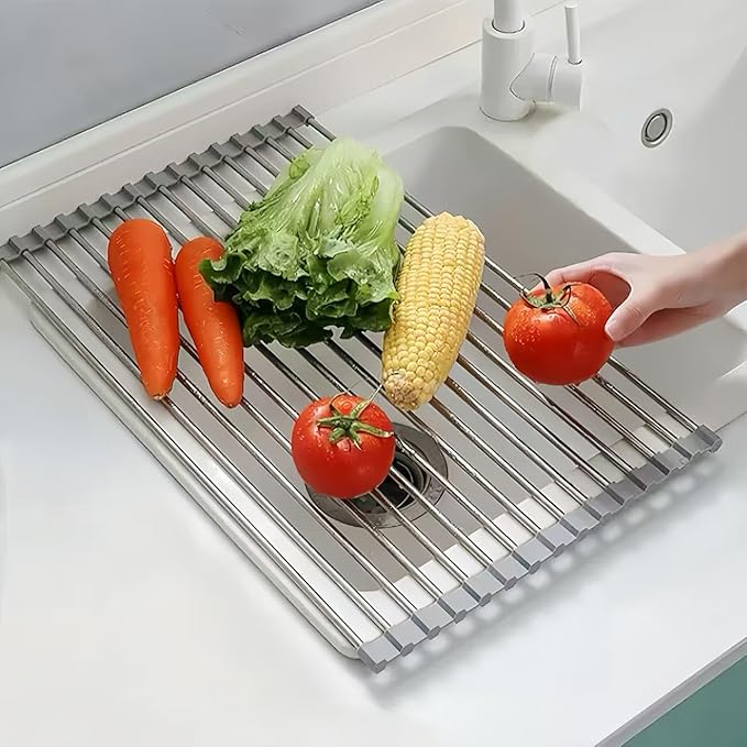 Roll Up Dish Drying Rack 17.7" x 15.8" Over The Sink Dish Drying Rack, Kitchen Dish Rack Stainless Steel Dish Drying Rack for Kitchen Sink Counter Storage (Grey)