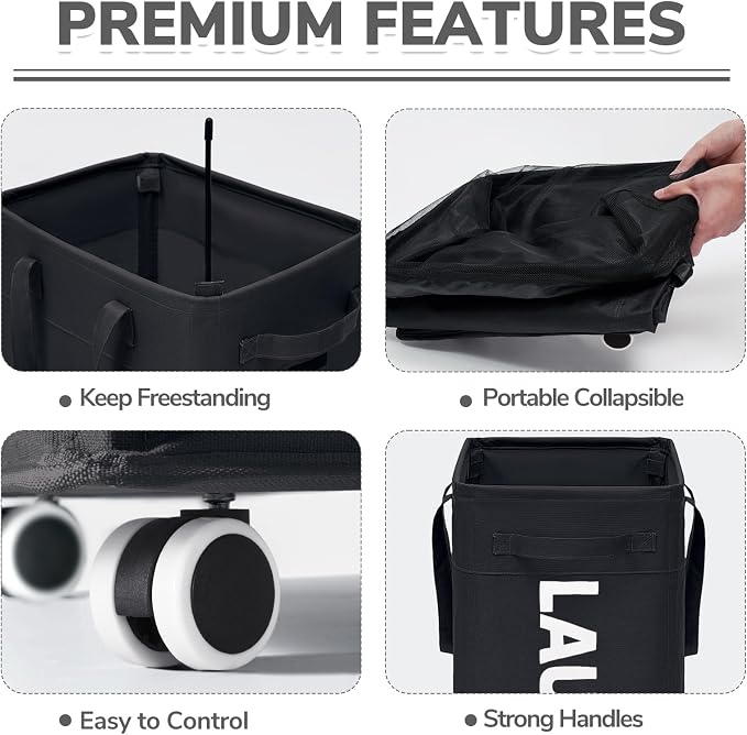 CHICVITA 75L Slim Rolling Laundry Basket with Wheels & Wash Bag, Black | Carry handle for easy moving to laundry room. Removable wash bag, slim design fits tight spaces