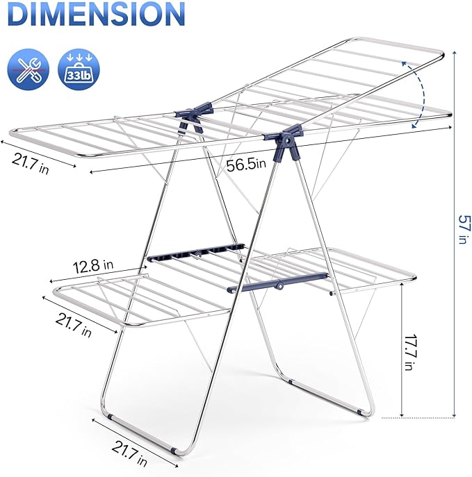 APEXCHASER Large Stainless Steel Clothes Drying Rack, Generous Drying Area | Foldable 2-Level Drying Rack Clothing, Free-Standing Laundry Airer, with Height-Adjustable 4 Wings, Matte Blue