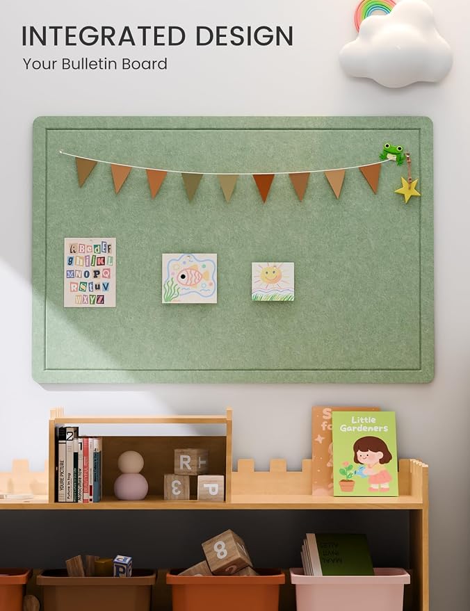 Fluxynara 35.4" x 23.6" Bulletin Board, Moss Green | Cork Board Alternative with 12 Removable Adhesive Tabs, Foldable Felt Pin Board for Home, Office, Classroom & Dorm