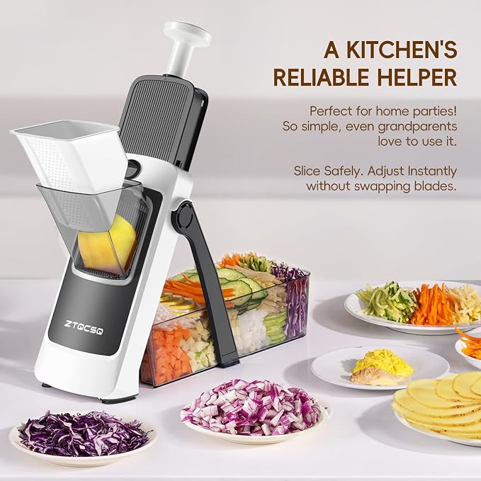 Vegetable Slicer with Adjustable Thickness, Easy to Clean Potato Mandoline Slicer with Container, Rapid Prep French Fry Veggie Cutter/Onion Slicer, Free Grater/Cleaning Brush (Gray)