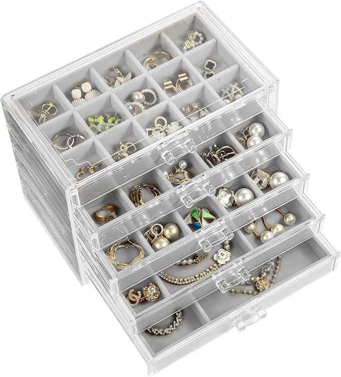 GUOER Earring Organizer, Acrylic Jewelry Box with 5 Drawers for Women, Grey | Clear Earring Holder Organizer Box, Stud Earring Ring Display Storage Case Large, Adjustable Velvet Trays Girls Gifts