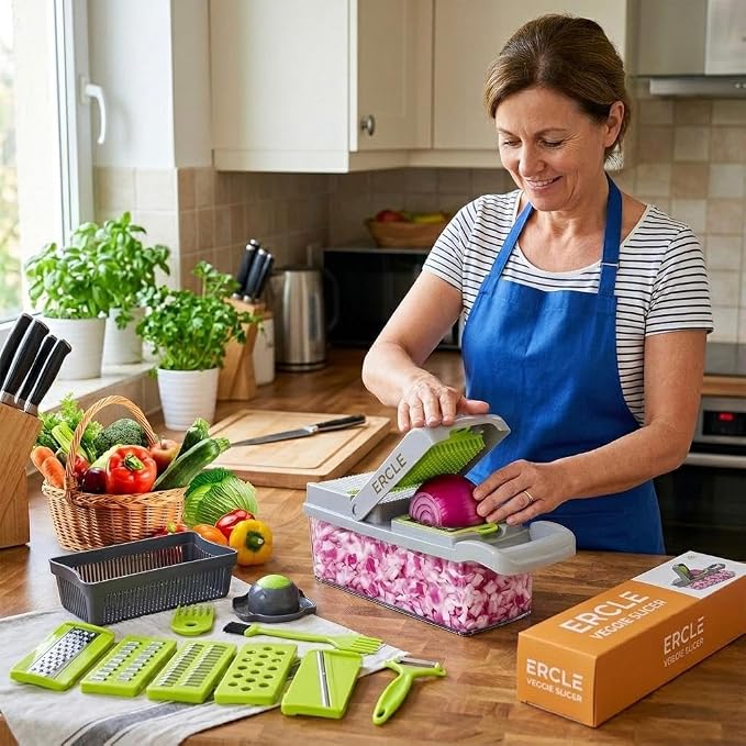 ERCLE's16-in-1 Vegetable Cutter Slicer – Multifunctional Vegetable Chopper with Stainless Steel Blades, Manual Onion Cutter, Food Slicer & Dicer for Kitchen, Salad Maker.