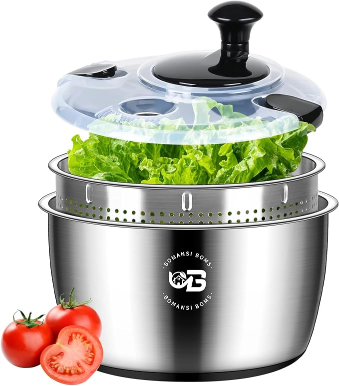 5.3 Qt Stainless Steel Salad Spinner, BOMANSI BOMS Vegetable Spinners, Lettuce Spinner, Fruit Washer, Large Salad Spinners, Dishwasher Safe, 304 Stainless Steel Bowl & Basket