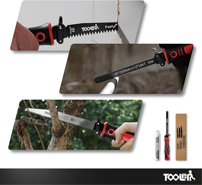 8-In-1 Multi Blades Hand Saw, Drywall, Hacksaw, Jab Saw & Wood Cutter Tool | Blade Quick Change Mechanism, For Cutting Drywall, Wood, Metel, Plastic, Plywood. Lightweight manual saw. Red Handle.