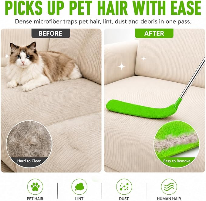 Retractable Gap Dust Cleaner with Extension Pole & 3 Microfiber Cloths | Cleaning Tools with 3 Microfiber Dusting Cloths | Long Handle Duster 30-100'' | Under Refrigerator Furniture Appliance Green