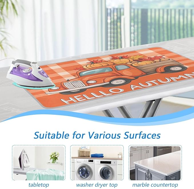 Autumn Truck Pumpkin Leaves Ironing Mat Portable Ironing Pad Blanket with Silicone Iron Rest for Table Top Travel Heat Resistant Double-Side Using Large 47x28 Inch Foldable