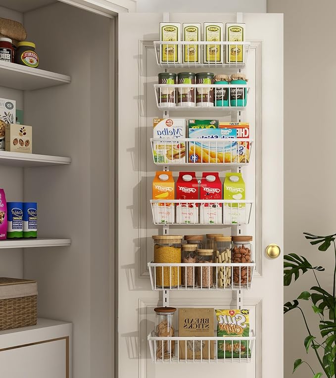 Mefirt 12 Inch Wide Narrow Over The Door Pantry Organizer, Pantry Organization and Storage, 6-Tier Metal Hanging Deep Basket Wall Spice Rack Seasoning Shelves, Home & Kitchen Essentials, White