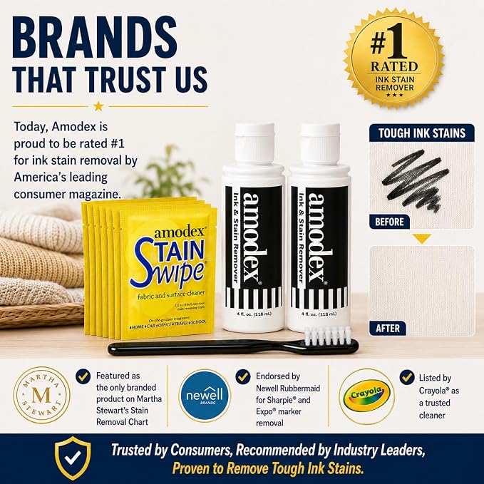 Amodex Ink & Stain Remover Arsenal, Safe and Effective on Clothes, Leather and Skin, Full Set for all your Stain Removal Needs, Includes 2 Bottles, 1 Brush, 10 Wipes