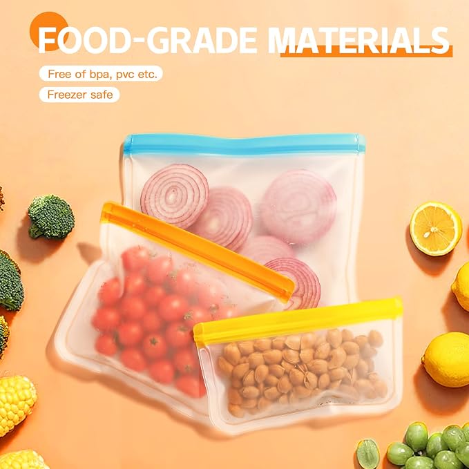 24 Pack Dishwasher Safe Reusable Silicone Bags - Leakproof Freezer Bags, BPA Free Food Storage for Lunch, Marinate, Travel - 8 Gallon, 8 Snack, 8 Sandwich Bags
