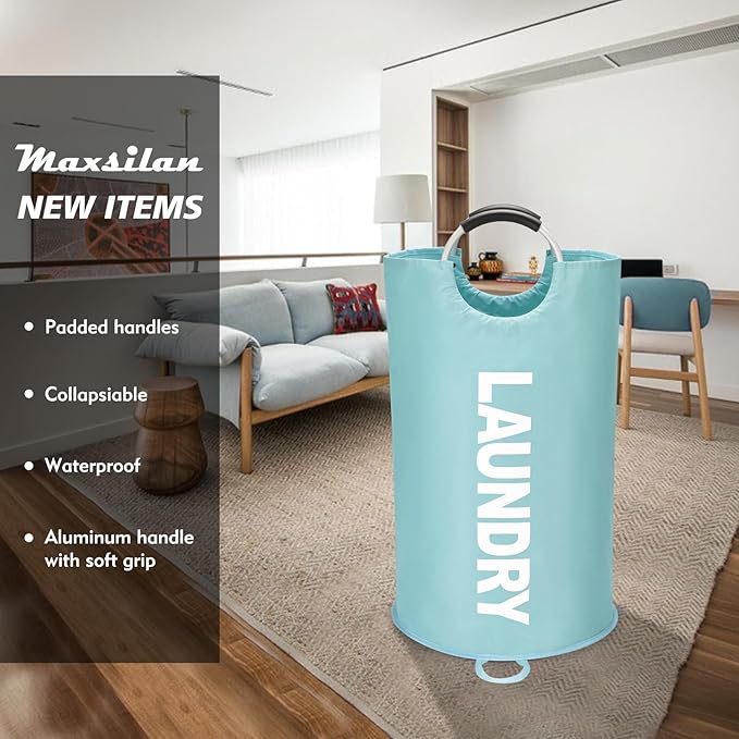 Maxsilan 90L Large Laundry Basket Bag, Collapsible Tall Hamper, Light Blue | Freestanding tall laundry bag & foldable washing basket. Extra large clothes storage bin with durable sturdy handles