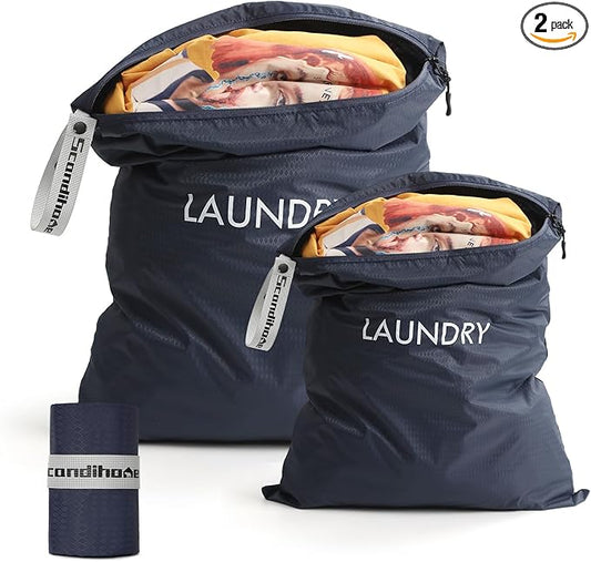 Travel Laundry Bag (2 Pcs - Large + Small) - Foldable Waterproof Washable Wet Dry Bag for Gym, Swimming, Yoga, and Workout Perfect for Dirty Clothes, Bathing Suits, Travel Accessories - Navy Blue