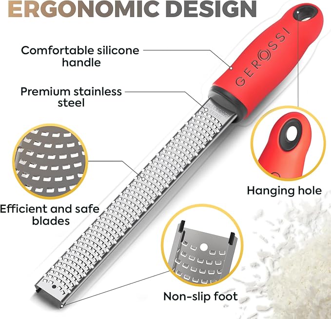 Stainless Steel Cheese Grater & Lemon Zester w/Extra Sharp Blade - Perfect for Lemon, Parmesan, Garlic, Chocolate - Spice Up any Dish in Seconds w/Your Premium Citrus Hand Grater with Handle - Red